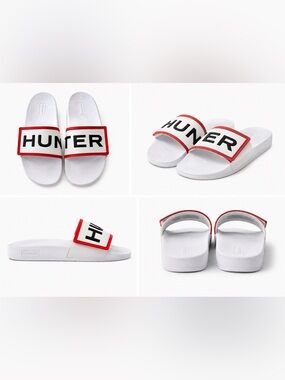 Hunter White Slide Sandals with Red Trim and Black Logo